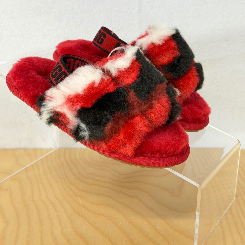 UGG Kids Fluffy Slides Red Black White Buffalo Plaid Fuzzy Slippers Size 10